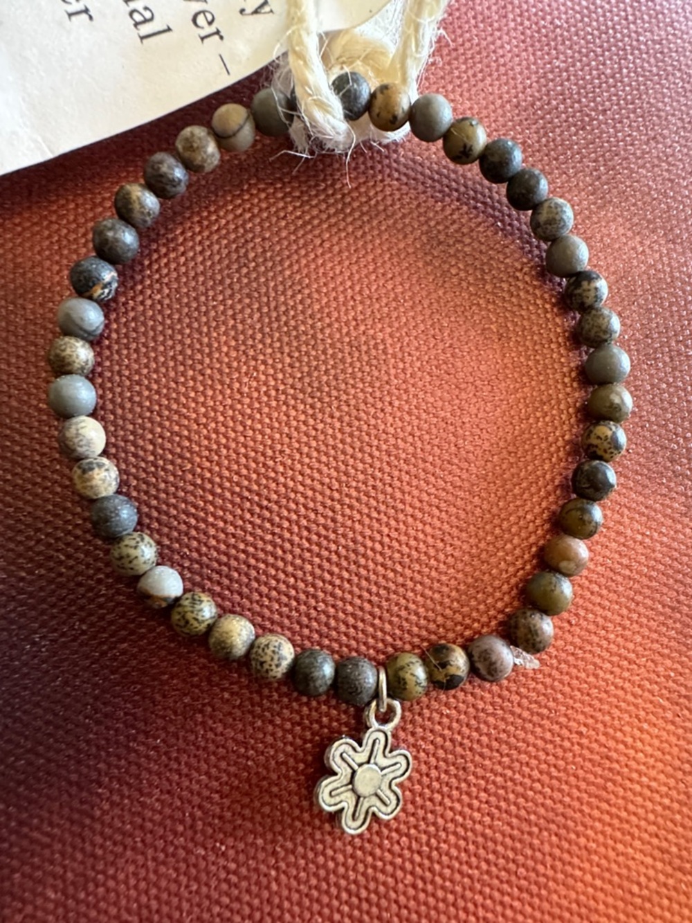 Beaded Jasper Stretch Bracelet with Flower Charm - Brown Green